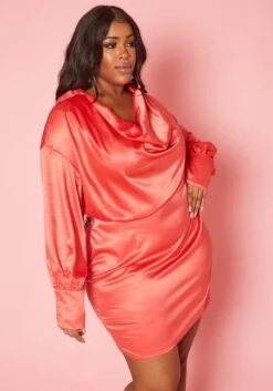 Plus Size Satin Cowl Neck Mini Dress