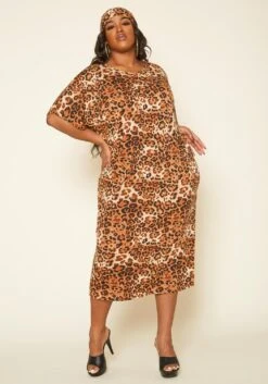 Asoph Plus Size Leapord Print Midi Lounge Dress With Headscarf -FemiLook Sales Store 2020139 001 1