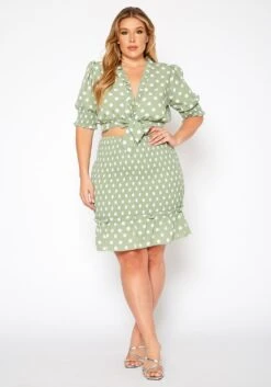 Plus Size Polka Dot Print Crop Top & Mini Skirt Set -FemiLook Sales Store 2020210 001 0
