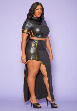 Plus Size Faux Leather Mock Neck Crop Top & Slit Maxi Skirt Set -FemiLook Sales Store 2020236 001 3