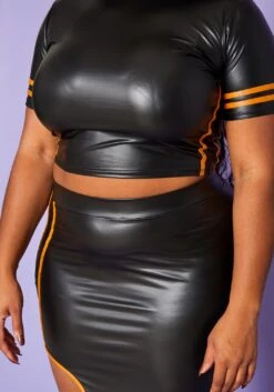 Plus Size Faux Leather Mock Neck Crop Top & Slit Maxi Skirt Set -FemiLook Sales Store 2020236 001 5