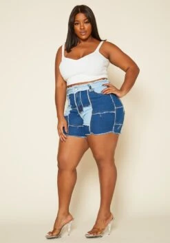Plus Size Patchwork Denim Shorts -FemiLook Sales Store 2020249 001 2