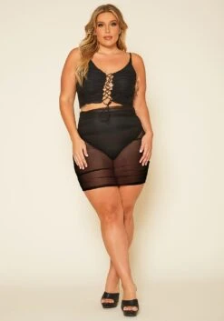 Plus Size Ruched Mesh Crop Top & Mesh Skirt Set -FemiLook Sales Store 2020338 001 1