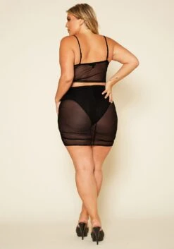 Plus Size Ruched Mesh Crop Top & Mesh Skirt Set -FemiLook Sales Store 2020338 001 4