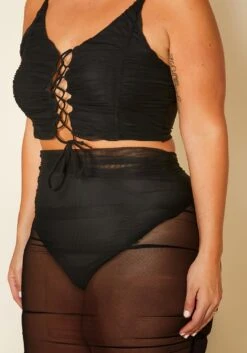 Plus Size Ruched Mesh Crop Top & Mesh Skirt Set -FemiLook Sales Store 2020338 001 5