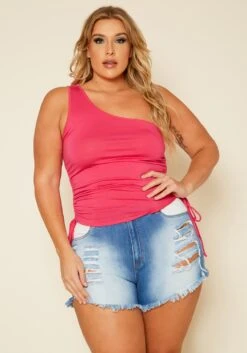 Plus Size White Detailed Distressed Denim Shorts
