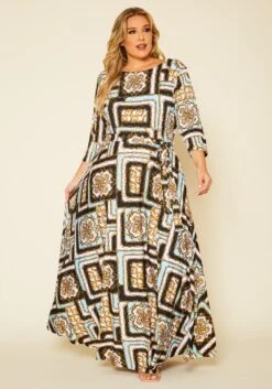 Plus Size Damask Print Fit & Flare Maxi Dress -FemiLook Sales Store 2020624 001 2