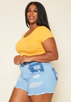 Plus Size High Rise Distressed Denim Shorts -FemiLook Sales Store 2020676 001 2