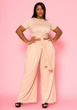 Plus Size Tie Front Crop Top & Wide Flare Pants Set