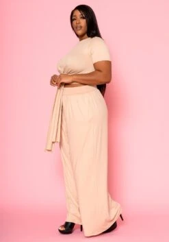 Plus Size Tie Front Crop Top & Wide Flare Pants Set -FemiLook Sales Store 2020689 003 3