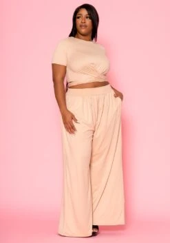 Plus Size Tie Front Crop Top & Wide Flare Pants Set -FemiLook Sales Store 2020689 003 5