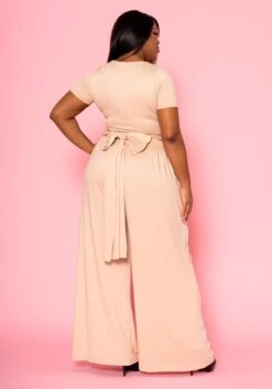 Plus Size Tie Front Crop Top & Wide Flare Pants Set -FemiLook Sales Store 2020689 003 6