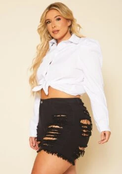 Plus Size Distressed Denim High Waist Shorts -FemiLook Sales Store 2020739 001 2