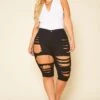 Plus Size Distressed High Waist Biker Shorts -FemiLook Sales Store 2020741 001 2