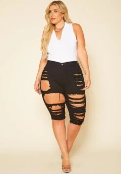 Plus Size Distressed High Waist Biker Shorts