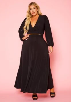 Plus Size Versatile Tie Up Crop Top & Maxi Skirt Set -FemiLook Sales Store 2020877 001 3