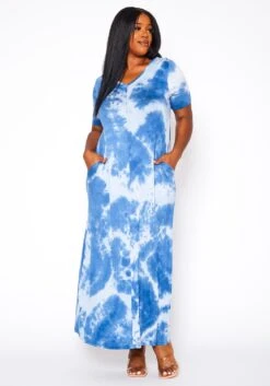 Plus Size Tie Dye V-Neck Short Sleeve Maxi Dress -FemiLook Sales Store 2020960 001 2