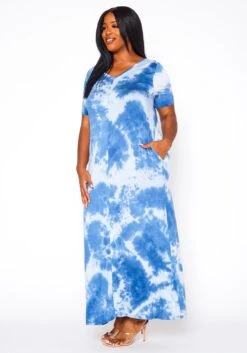 Plus Size Tie Dye V-Neck Short Sleeve Maxi Dress -FemiLook Sales Store 2020960 001 3
