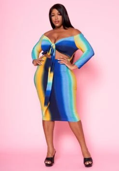 Plus Size Gradient Print Tie Front Bodycon Dress