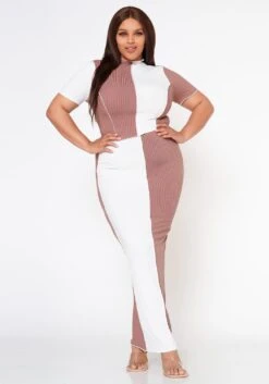 Plus Size Color Block Crop Top & Skirt Set