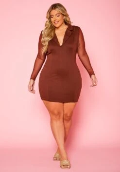 Plus Size Collared Bodycon Dress With Mesh Sleeves