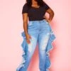 Plus Size Blue Wash Ruffle Hem Denim Jeans