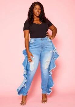 Plus Size Blue Wash Ruffle Hem Denim Jeans