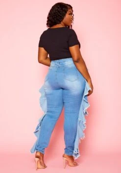 Plus Size Blue Wash Ruffle Hem Denim Jeans -FemiLook Sales Store 2021118 001 3