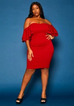 Plus Size Off Shoulder Ruffle Sleeve Mini Dress -FemiLook Sales Store 2021271 001 2