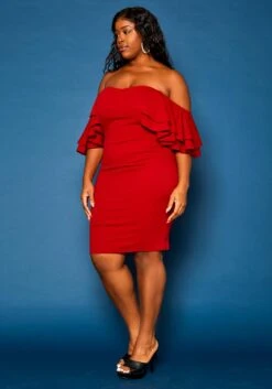 Plus Size Off Shoulder Ruffle Sleeve Mini Dress -FemiLook Sales Store 2021271 001 3