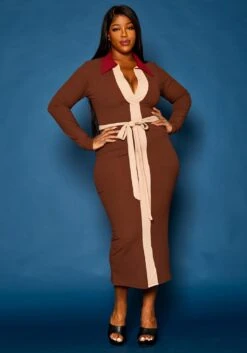 Plus Size Ribbed Knit Color Trim Midi Dress -FemiLook Sales Store 2021288 001 2