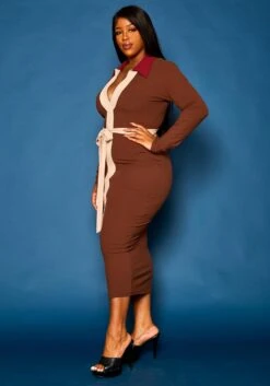 Plus Size Ribbed Knit Color Trim Midi Dress -FemiLook Sales Store 2021288 001 3