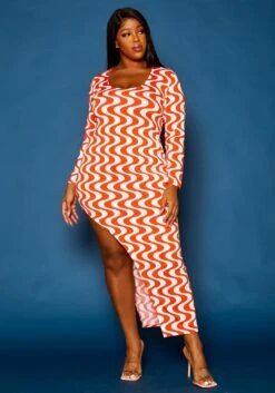 Plus Size Geometric Pattern High Low Maxi Dress -FemiLook Sales Store 2021311 001 0