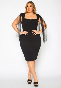 Plus Size Fringe Sleeve Midi Dress -FemiLook Sales Store 2021346 001 2