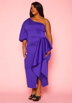 Plus Size One Sleeve Drape Front Gown -FemiLook Sales Store 2022410 001 3