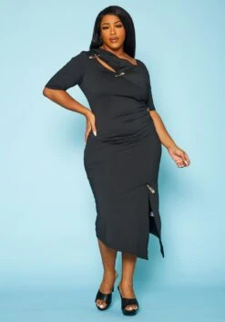 Plus Size Safety Pin Front Slit Bodycon Dress