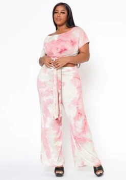Plus Size Tie Dye Crop Top & High Waist Pants