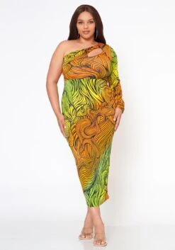 Plus Size Multi Abstract Pattern One Sleeve Midi Dress -FemiLook Sales Store 2022514 002 1