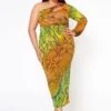 Plus Size Multi Abstract Pattern One Sleeve Midi Dress