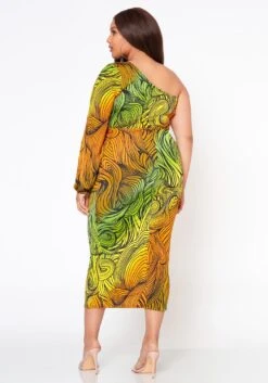 Plus Size Multi Abstract Pattern One Sleeve Midi Dress -FemiLook Sales Store 2022514 002 4