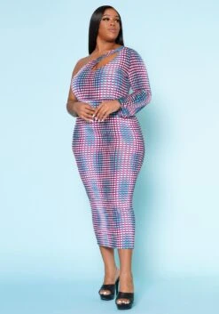 Plus Size Multi Dotted Print One Sleeve Midi Dress -FemiLook Sales Store 2022515 001 1