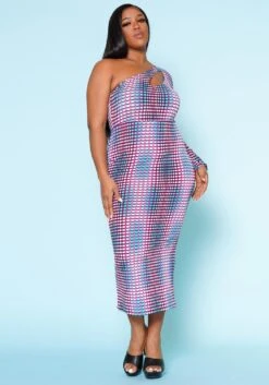 Plus Size Multi Dotted Print One Sleeve Midi Dress -FemiLook Sales Store 2022515 001 2
