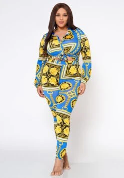 Plus Size Golden Brocade Print Collar Top & Leggings Set