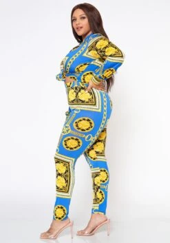 Plus Size Golden Brocade Print Collar Top & Leggings Set -FemiLook Sales Store 2022541 001 2