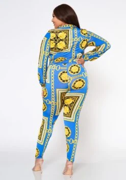 Plus Size Golden Brocade Print Collar Top & Leggings Set -FemiLook Sales Store 2022541 001 3