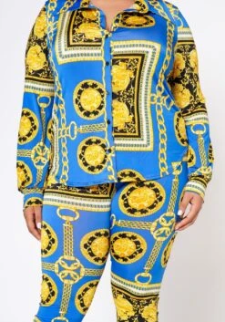 Plus Size Golden Brocade Print Collar Top & Leggings Set -FemiLook Sales Store 2022541 001 4