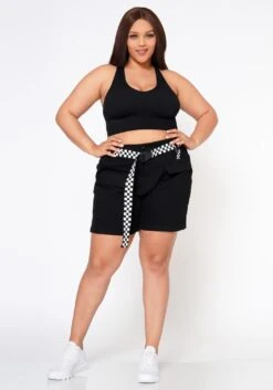 Plus Size Checkered Belt Utility Cargo Shorts