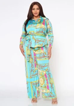 Plus Size Brocade Print Collar Top & Flare Pants Set