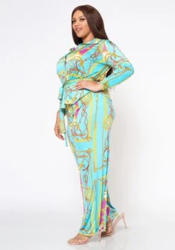 Plus Size Brocade Print Collar Top & Flare Pants Set -FemiLook Sales Store 2022562 001 2