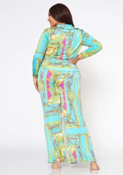 Plus Size Brocade Print Collar Top & Flare Pants Set -FemiLook Sales Store 2022562 001 3